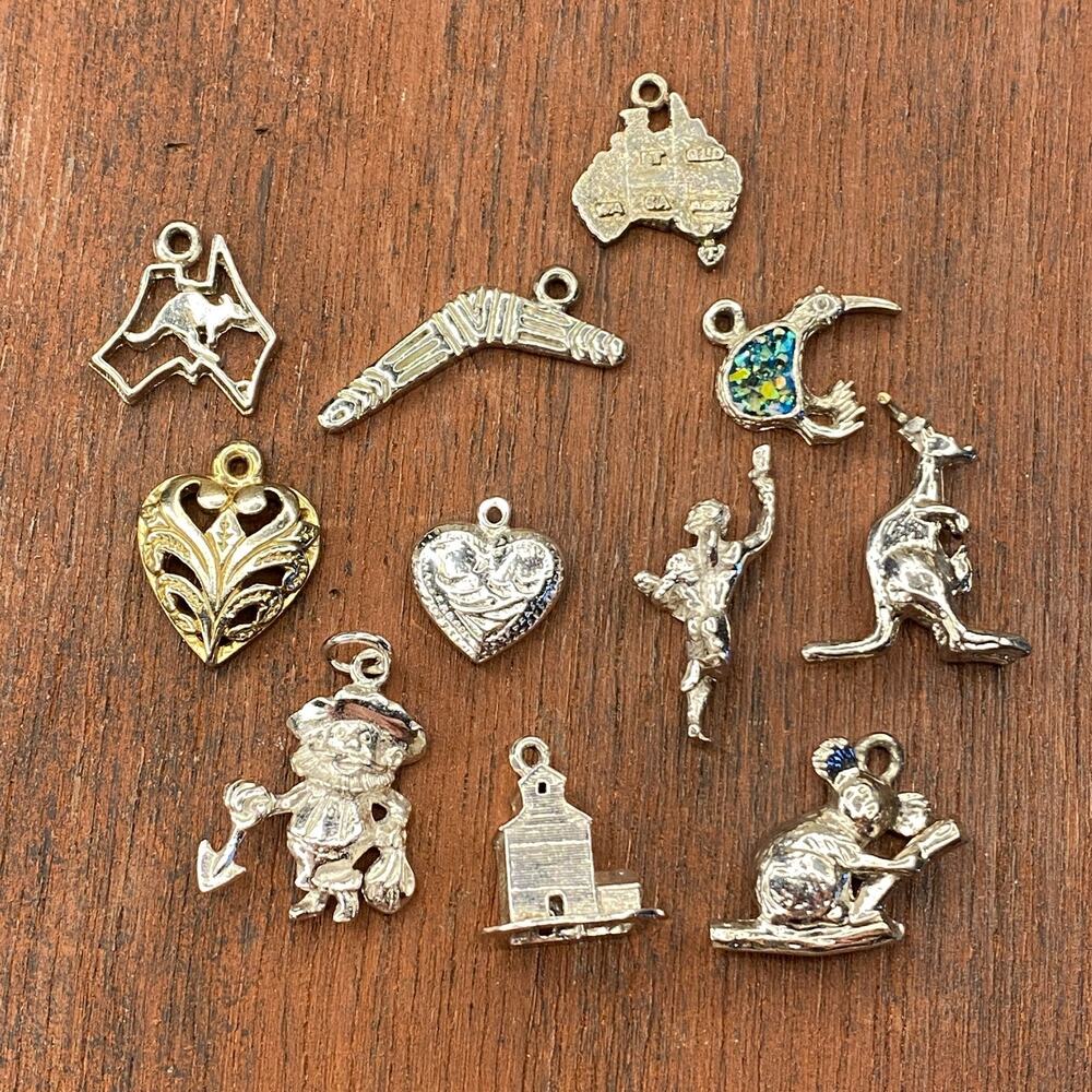 Vintage Lot Silver Tone Koala Heart Kangaroo Pendant Bracelet Charm